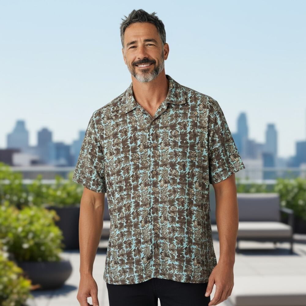Caribbean Joe Men's Blue & Brown Floral Print Short Sleeve Button Shirt Size 2XL